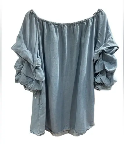 ZARA  Woman Soft Off The Shoulder Denim Flowing Puff Sleeves Dress