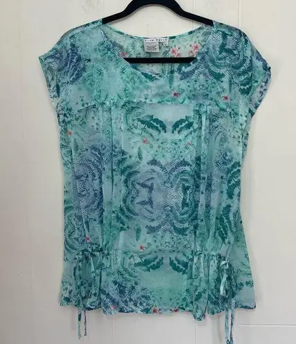 Fred David  Vintage Short Sleeve Blouse Sheer Fairy Whimsy Blue Teal ~ Size XL