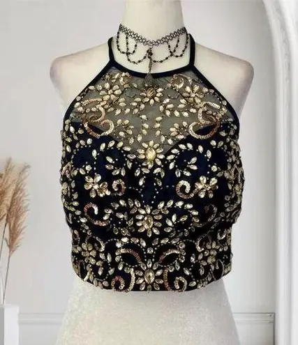 Vintage Whimsygoth Gold Embroidered Celestial Ethereal Crop Halter Top L Black Size L