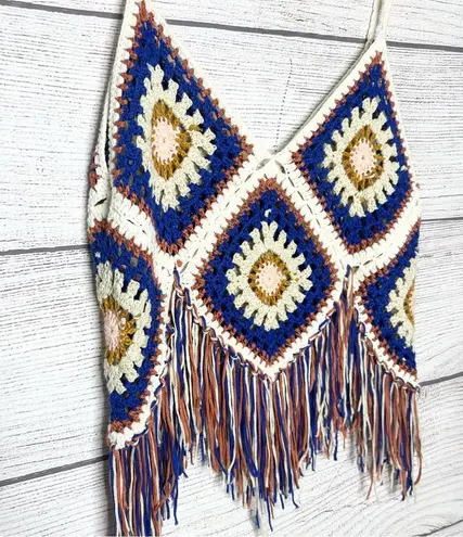 Bohemian Crochet Granny Square Fringe Festival Sleeveless Crop Top Size XL Blue