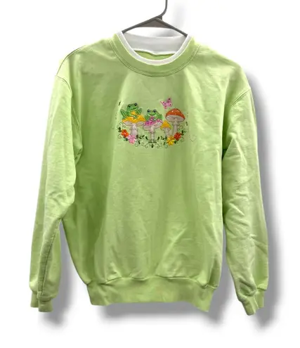 Cute Frog Mushroom Embroidered Lime Green Crewneck Sweatshirt Size L