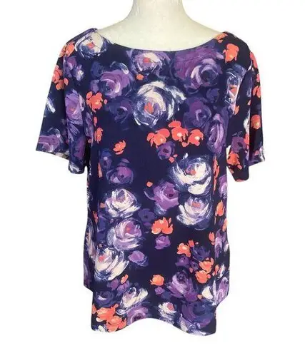 Isaac Mizrahi purple floral short sleeve stretchy top women's size small