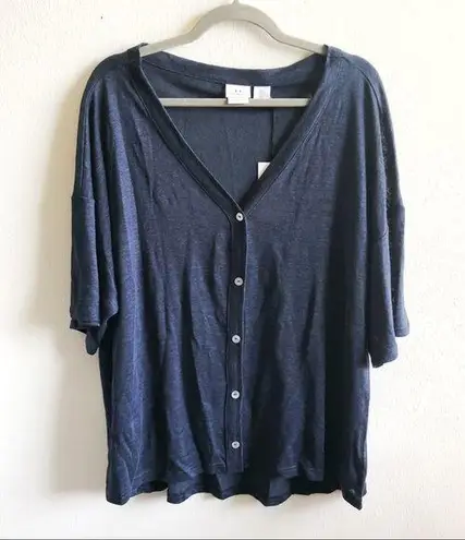 H by Halston Linen Cardigan Navy Blue Buttons Short Sleeve V Neck Sz L BNWT