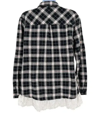 JODIFL Plaid Long Sleeve Button Down Shirt Top Eyelet Lace Trim Hem Small