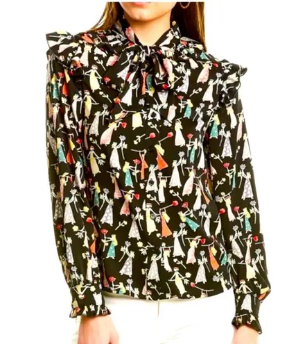 Gracia Women's Black Blouse with Allover Folk Art Print and Ruffle
Sleeves, M