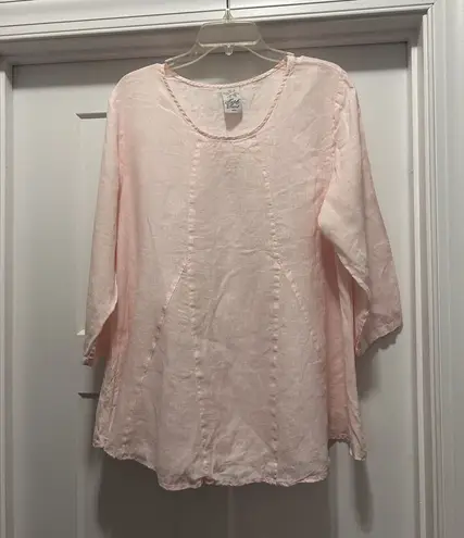 Vintage Match Point Pullover 100% Linen 3/4 Sleeve Light Pink Top Size Medium