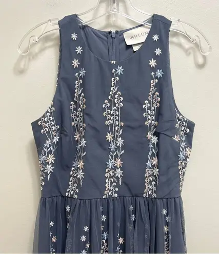 BHLDN Anthropologie Parsons Midi Dress Embroidered Floral Gray Pink Blue Size 4