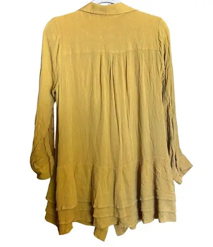 Soft Surroundings Tunic Top Womens Medium Yellow Button Gauze Flutter Hem Blouse