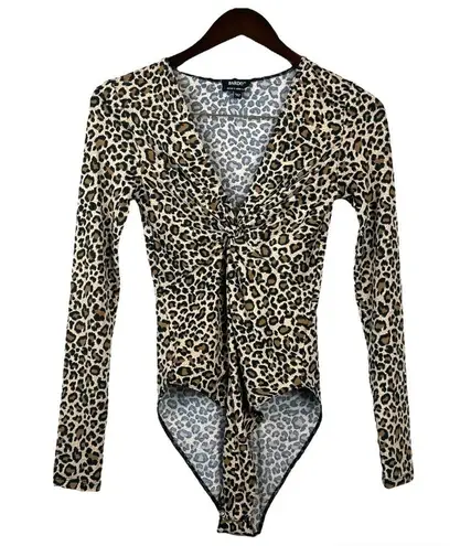 Bardot Women’s Long Sleeve Twist-Front Leopard Print Bodysuit Size Medium