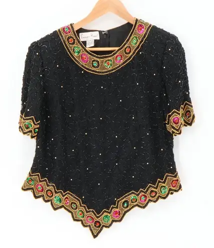 Laurence Kazar Vintage Silk Beaded Party Blouse Top Womens Holiday Evening PXL