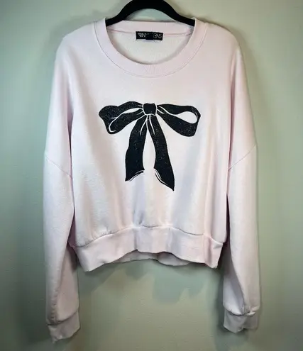 Vinyl Icons Women's Big Bow Sweatshirt Pink Black Fleece Cropped Cozy Chic Small