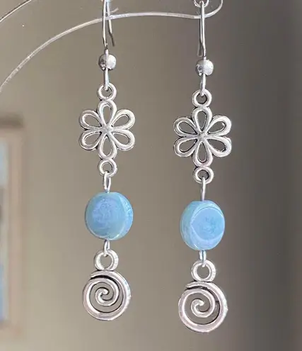 Handmade retro vintage fairy boho funky hippie style spiral flower dangle earrings🌀🌱