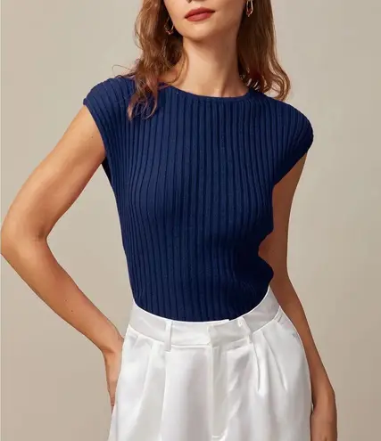 Rihoas Blue Boat Neck Ribbed Cap Sleeve Knit Tee