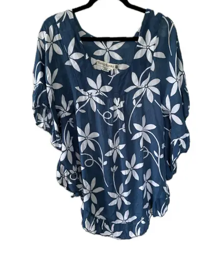 Mango Republic Hawaiian Tropical Ruffle Hem Oversized Kaftan Blouse One Size Blue Size undefined