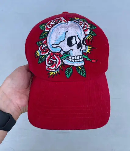 Ed Hardy Y2K Floral Skull Embroidered Red Corduroy Hat