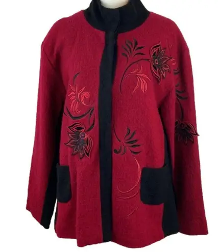 Carson NEW  Red & Black Floral Embroidered Appliquéd Lined Wool Jacket Size XL