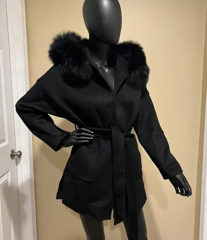 Fox Fur Winter Trench Coat Wool Jacket Parka Bomber Fall Jacket Warm Cardigan Black Size M