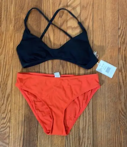 ANDIE Bikini Set Valencia Top Bikini Bottom Ribbed Black Orange size M NWT