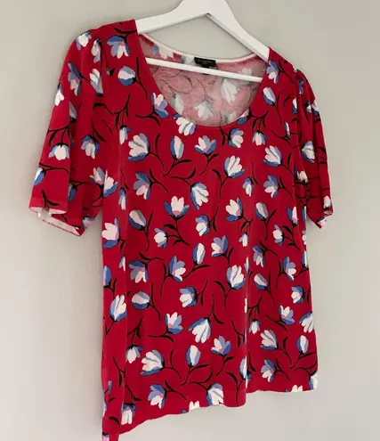 Talbots  Floral Short Puff Sleeve Sweater Top Red White Blue Size Large Petite