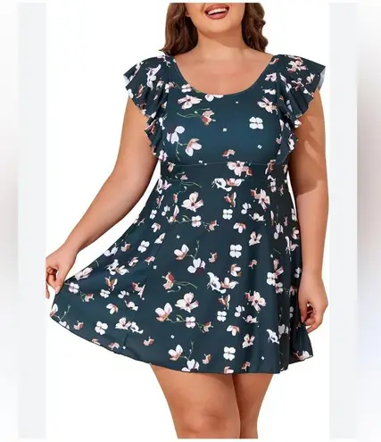 Smismivo Plus Size One Piece Built in Shorts Tummy Control Swimdress Brown