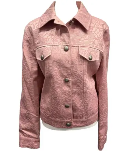 Vintage Y2K Casual Corner Pale Pink Damask Button Front Jeans Jacket Size 12