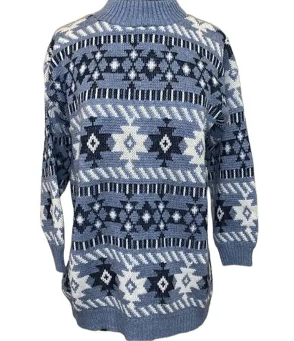 Vintage Dana Scott Blue & White Aztec Tribal Oversized Sweater Size M