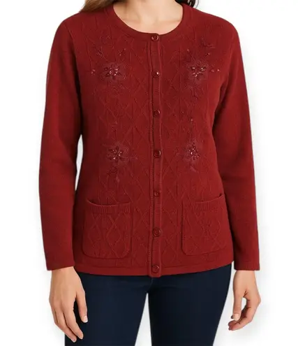 Jenny Red Floral Embroidered Button Up Cardigan Sweater Grandmacore Size Medium