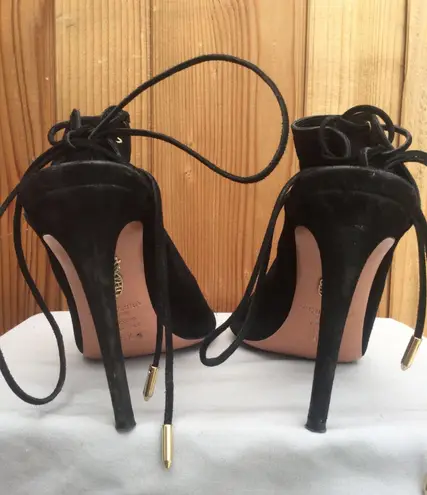 Aquazzura Mayfair open-toe black Suede lace-up bootie sandal size 36.5 US 6.5