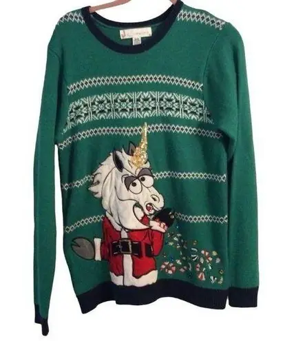 Ugly Christmas Sweater Angry Unicorn Medium M green Jolly stretch