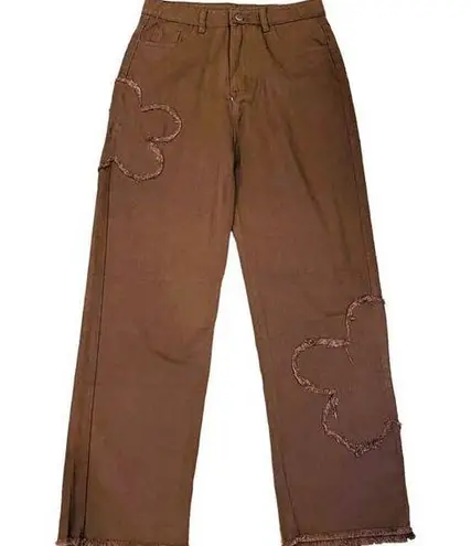 NWT ~ Brown Raw Edge Hem & Frayed Flowers Denim Jeans Pants ~ Women's MEDIUM Size undefined