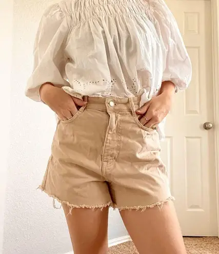 ZARA  Khaki Denim Raw Hem High Waisted Shorts