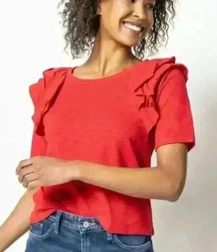 Lilla P Loose Knit Slub Elbow Sleeve Ruffle Crewneck size Small Preppy Luxury Red