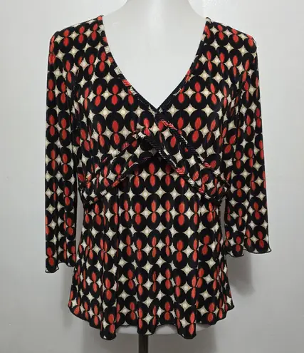 Apostrophe Red Black Geometric Plisse Pleat Long Sleeve V Neck Blouse Large Y2K