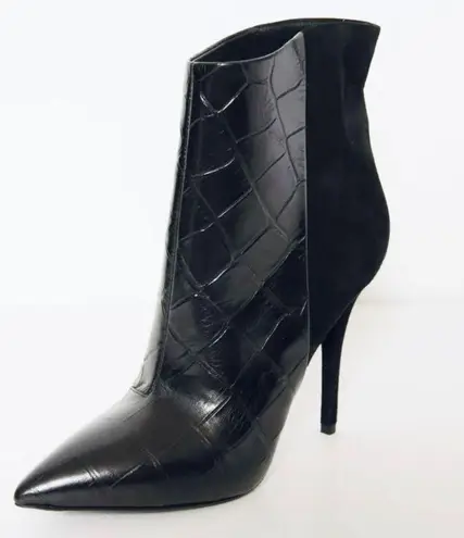 Brian Atwood  Black Suede Embossed Croc Leather Pointed Toe Heel ankle Bootie