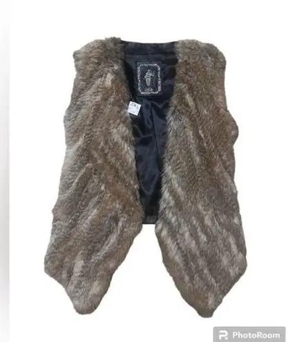 My Tribe Black Leather & Brown Knitted Rabbit Fur Waterfall Vest Size Small