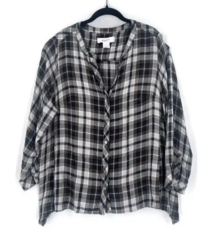 Workshop Republic Clothing Women's Plaid V Neck Button Up Shirt Gray Black Sz 2X