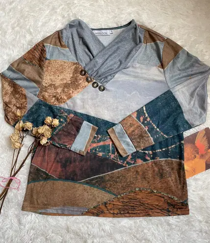 Misook MISSLOOK boho earthy landscape long sleeve top