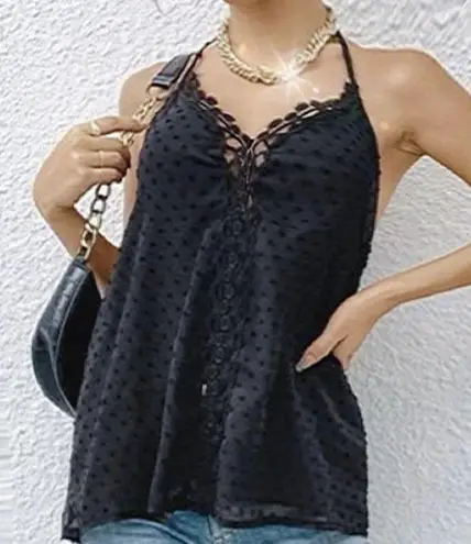 📷NWT, Elegant Boho style Contrast Lace Tank Top. Black Size M