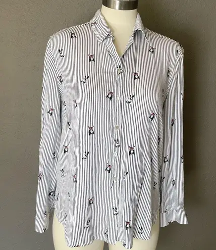 Grace and Delancy Striped French Bull Dog Print Button Down Shirt Size 8 White