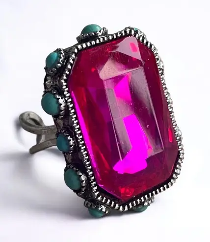 Pink crystal adjustable ring with round turquoise accents on sides