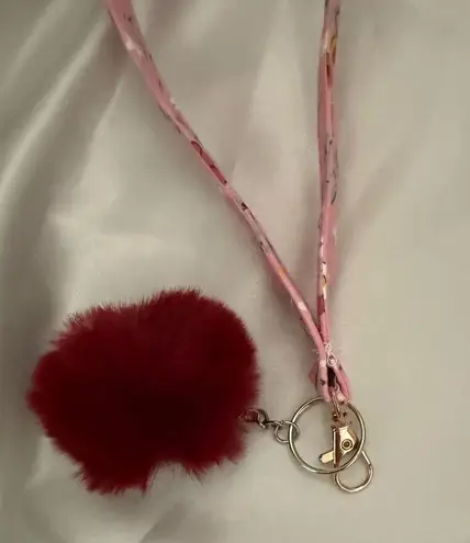 Handmade Floral Cherry Print Wristlet Keychain with Dark Red Pompom