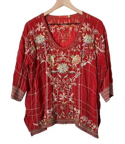 Johnny Was Red Embroidered Grid 3/4 Sleeve Tunic Blouse Top Size XS