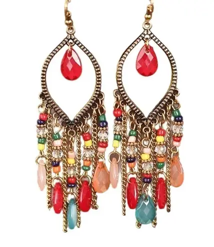 Bohemian Style Water Drop Shaped Bead Earrings With Tassel Fringes For Women Gold