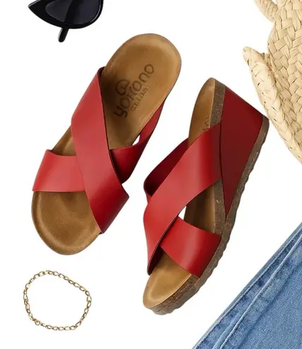 Yokono Red Leather Cross Strap Cork Platform Espadrille Wedge Sandals 6.5 resort