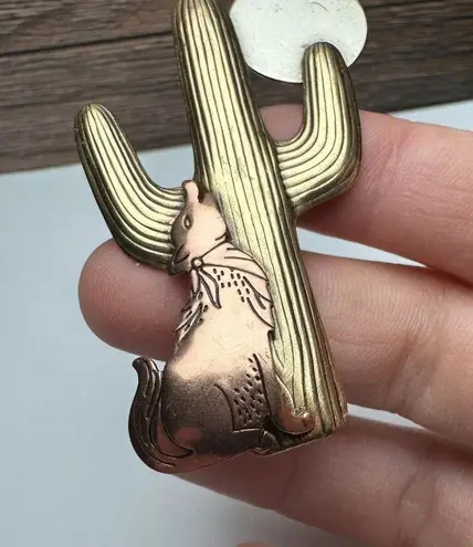 Moon Over Desert Cactus With Howling Coyote Metal Brooch Pin Tri Tone Rustic