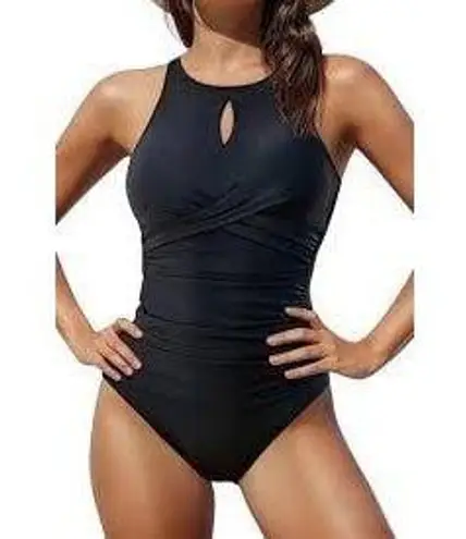 NWT Tempt Me High Neck Keyhole Twist Front Tummy Control Shaping Swimsuit M Black Size M