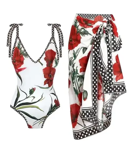 Andrea’s Deals NWT AD Floral Pattern 2 Piece Swimsuits Red Multi