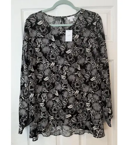 J Jill NWT Sz LG Black White Tropical Floral HiLo Popover Blouse Ruffle Peasant