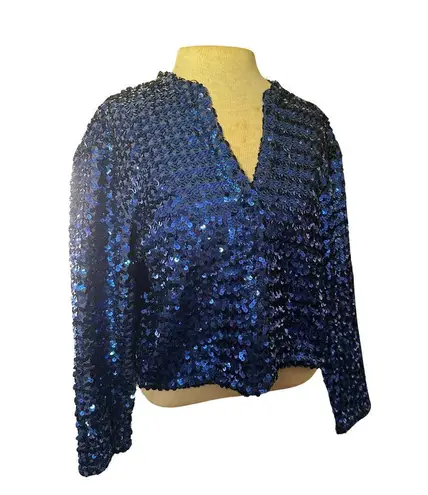 Blue Sequin Vintage Cardigan Style Blouse Size Medium