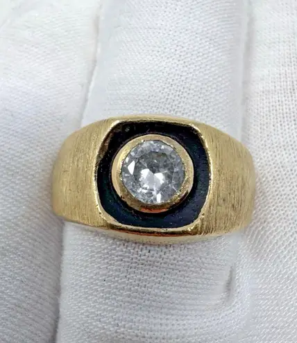 14KT HGE Gold Electroplate Art Deco Ring w Large CZ Stone Sz 10 Textured Vintage